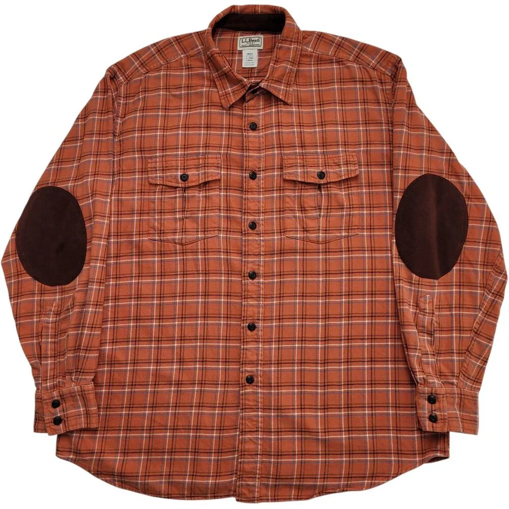 L.L. Bean Mens Plaid Flannel Shirt Orange Brown Elbow Patches Large Outdoorsman - Picture 1 of 9